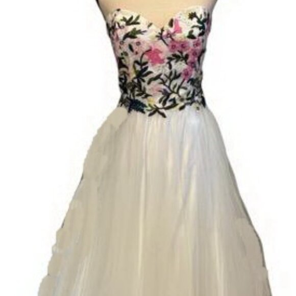 Cecily Brown White Tulle Embroidered Floral Strapless Corset Dress - Picture 1 of 4